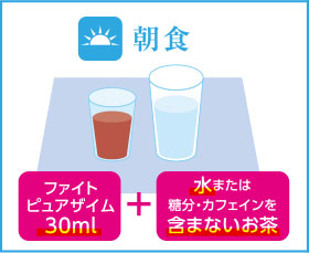 朝食：ファイトピュアザイム30ml+水または糖分・カフェインを含まないお茶